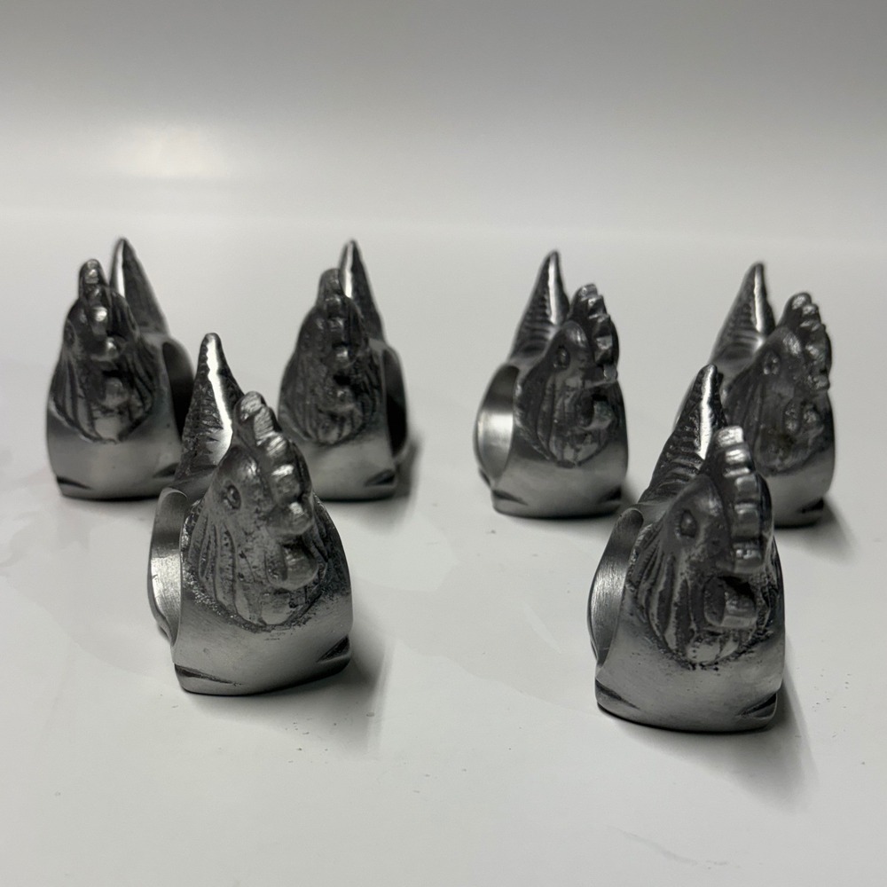 Vintage Silver Metal Chicken Napkin Rings Set of 6 Farmhouse Rooster Decor